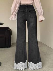 DAZY Quần Jeans Ống Loe Ôm Dáng Quyến Rũ Cho Nữ, Quần Thường Ngày Có Viền Ren Rỗng, Họa Tiết Hoa Thêu Chắp Vá - màu đen - Xem 3