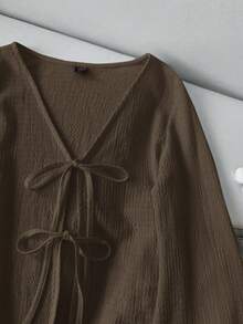 SHEIN LUNE Áo nữ tay loe màu trơn dáng rộng, thắt nơ, màu nâu, màu cà phê, phong cách cottagecore, màu nâu sô cô la, kiểu dáng thường ngày. - màu nâu - Xem 3