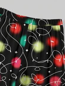 SHEIN LUNE Weihnachtsbeleuchtung bedruckter Familien-Weihnachts-Pyjama-Set 2 Teile Hauskleidung Nachtwäsche für Erwachsene, Kinder und Babys Weihnachtsferien-Party Familienzusammenkunft Langarm Weihnachtsmütze bedrucktes T-Shirt Oberteil und bedruckte Hose Set