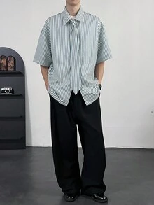 Claim Dot Men's Striped Short Sleeve Casual Loose Button-Down Shirt