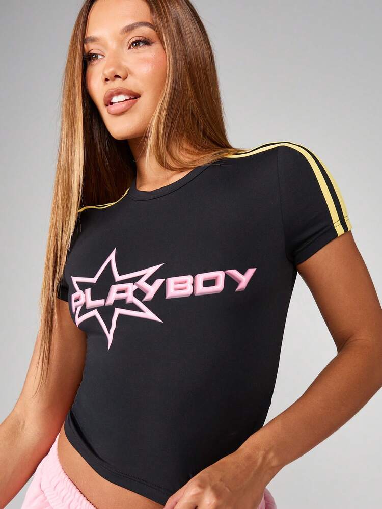 Missguided x Playboy Star Logo Crop T-Shirt Pink Graphic Short Sleeve Casual Summer Tee Fashion Retro Y2K Streetwear