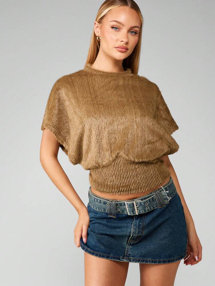 MISSGUIDED Fuzzy Crop Sweater With Cinched Waist And Mock Neck Christmas
