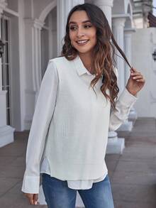 EMERY ROSE Women's Solid Color Round Neck Casual Versatile Knitted Vest, Autumn