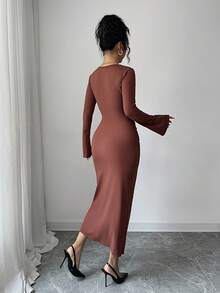 Elenzga Women's Elegant Asymmetric Collar Metal Buckle Waist Ruched Autumn Dress