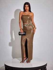 INAWLY 1 Set Modischer einfarbiger Damen PU-Leder ärmelloser Crop Top & Maxirock mit hohem Schlitz - Braun - Übersicht 7
