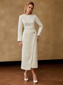 MOTF PREMIUM VESTIDO LARGO CON DECORACIÓN DE CADENA DE TWEED PARA OTOÑO/INVIERNO - Blanco - Ver 5