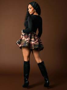 Vixey Camo Print Taffeta Utility Bubble Hem Skirt, Casual - Multicolor - View 5