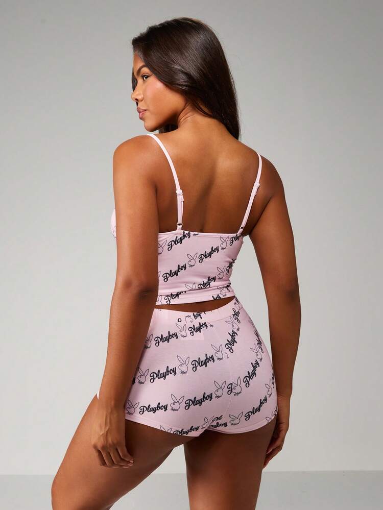 Missguided x Playboy Two Piece Festival Co-Ord Set With All Over Bunny Logo Print Fitted Cami Top And High Rise Booty Shorts For Women Club Party Summer