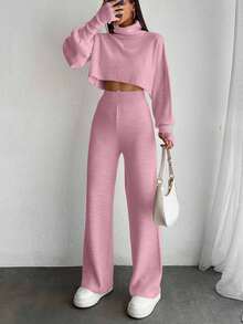 EURMUSE 2pcs Set: Solid Color Funnel Neck Lantern Sleeve Sweater Top & Long Pants, Elegant Knitted Suit - Baby Pink - View 4