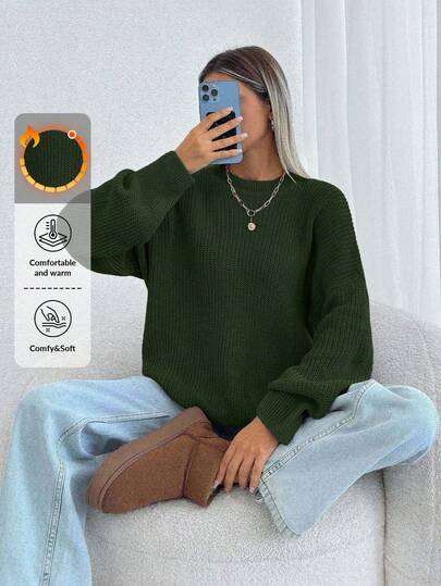 EURMUSE Women Solid Color Round Neck Drop Shoulder Chunky Pullover