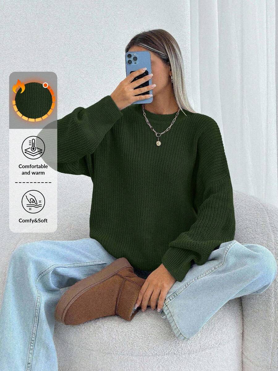 EURMUSE Women Solid Color Round Neck Drop Shoulder Chunky Pullover - Army Green - View 1