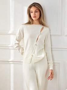 SHEIN Tall Coordinato casual con maglione alto con dettagli a bottoni di taglia oversize - Albicocca - Visualizzare 3