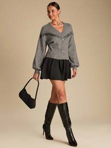 Enchnt Cardigan lavorato a maglia con scollo a goccia, maniche lunghe e perline, casual, adatto per l'autunno, da donna