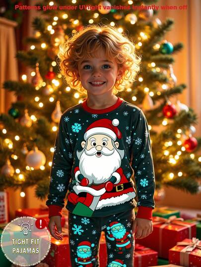 1 Set Pijama de Navidad para niños con estampado de Papá Noel que brilla en la oscuridad, con top de manga larga y pantalones ajustados, para otoño