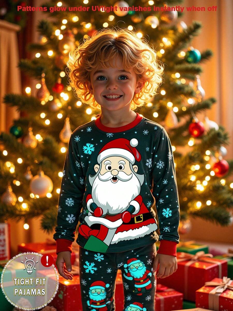 1 Set Boys' Christmas Santa Claus Glow-In-The-Dark Print Snug Fit Long Sleeve Top And Pants Pajama Set, Autumn - Green - View 1