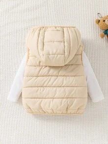 Cozy Pixies Áo khoác cardigan nỉ không tay, có mũ, khóa kéo phía trước, màu trơn cho bé trai, quần áo mùa đông cho trẻ sơ sinh, áo khoác sơ sinh, áo vest cho trẻ nhỏ, áo khoác ấm cho bé trai sơ sinh. - Màu be - Xem 2