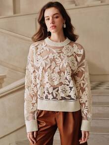Savoree Women Autumn Sexy Flower Jacquard Sheer Mesh Panel Sweater,Long Sleeve Tops
