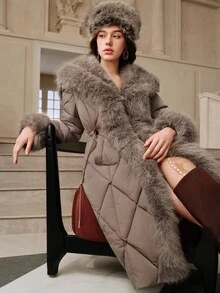 Savoree Women's Luxury Detachable Faux Fur Collar Cinched Waist Thick Long Coat