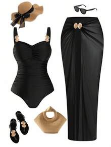 Swim Oasis 大码女式两件套黑色吊带V领连体泳衣配黑色网纱长裙，夏季海滩度假 - 黑色 - 查看 1