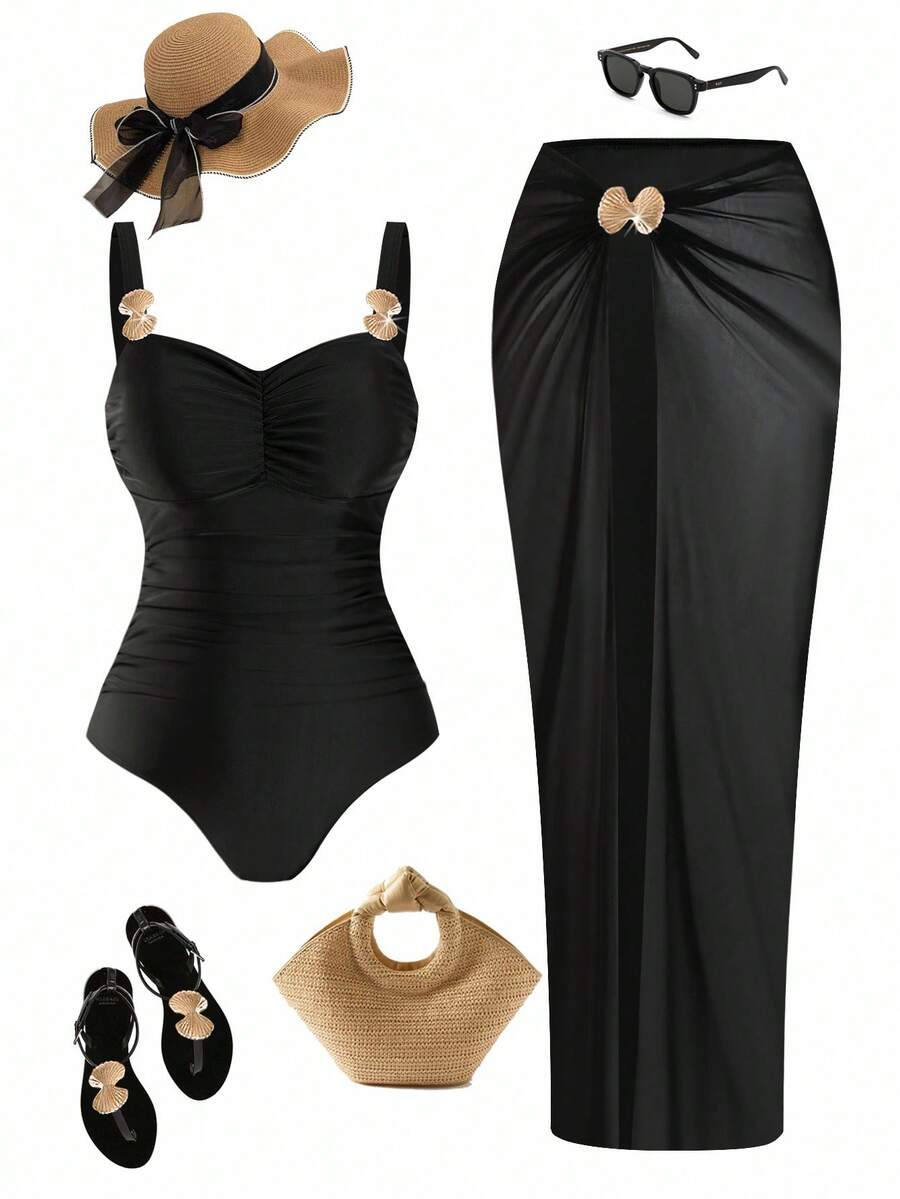 Swim Oasis 大码女式两件套黑色吊带V领连体泳衣配黑色网纱长裙，夏季海滩度假 - 黑色 - 查看 1