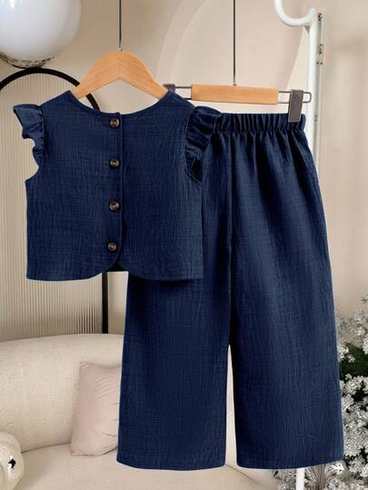 Toddler Girls Textured Fabric Short Sleeve Button Back T-Shirt & Casual Long Pants 2-Piece Set