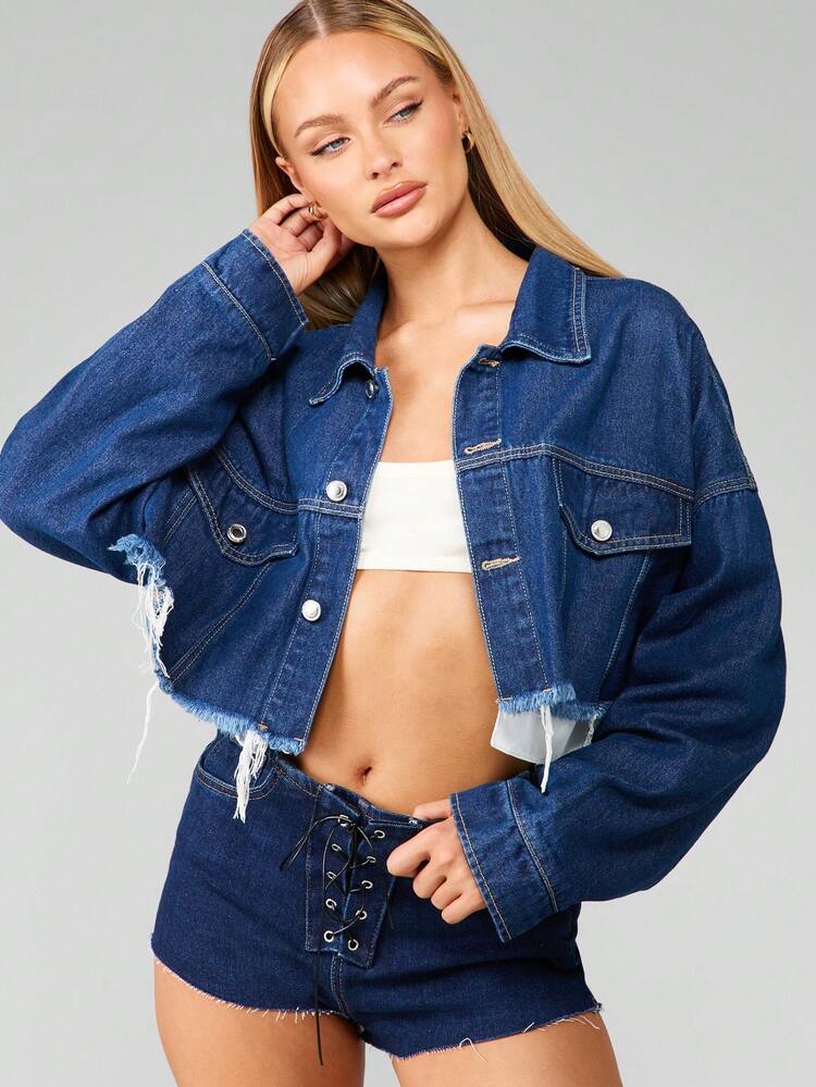 MISSGUIDED ダメージ加工 生デニム クロップドジャケット トラッカースタイル オーバーサイズ ボタン前開き Y2Kファッション 秋冬 ストリートウェア アウター