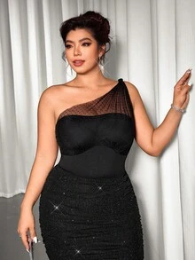 Cravure Plus Size Women's Luxury Black Summer Classy Night Out Club Party Style Knit Sleeveless Oblique Shoulder Mesh Twist Bodysuit,Wednesday Aesthetic - Black - View 8