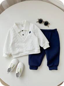 SHEIN 2pcs/Set Baby Boy Cute Knitted Long Sleeve Sweatshirt And Elastic Waist Jogger Pants Tracksuit Set, Back To School Fashion Unisex Baby Clothes, Baby Winter Clothes - Multicolor - View 1