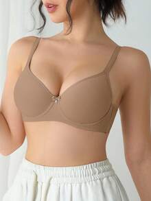 1 件女士简约纯色钢圈文胸 - 卡其色 - 查看 7