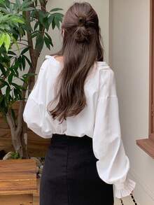 DAZY 女式纯色宽松荷叶边系带优雅衬衫，秋冬长袖上衣 - 白色 - 查看 2