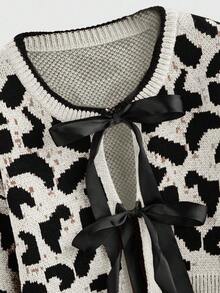 ROMWE Kawaii Áo khoác cardigan thắt nơ họa tiết da báo Y2K đa năng dành cho nữ - Màu be - Xem 4