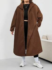 SHEIN CURVE+ 加大码女式长款连帽夹克外套，适合秋冬季女装，冬季，CURVE PLUS - 棕色 - 查看 3