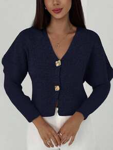 Aloruh Nueva chaqueta de punto de cuello en V profundo de manga larga y silueta ajustada con botones, versátil suéter casual de punto para otoño/invierno - Azul Marino - Ver 4