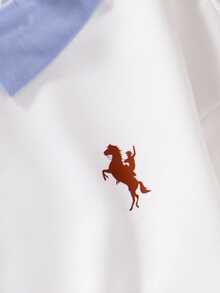 SHEIN Casuvi Kid Girls Autumn Patchwork Collar Long Sleeve Pullover Sweatshirt, Shirt Collar, Equestrian Sports Print Decor, Vintage Casual, Suitable For Daily, Sports, Vacation In Spring And Autumn - White - View 8