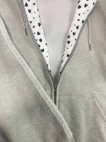 Women's Casual Heart Print Zip-Up Drawstring Sweatshirt, Autumn - Grey - View 4