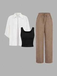 SHEIN LUNE 女士三件套黑白格子秋季套装，2024新款时尚别致防晒衬衫、修身西装外套、阔腿裤，夏季套装，休闲装 - 卡其色 - 查看 8