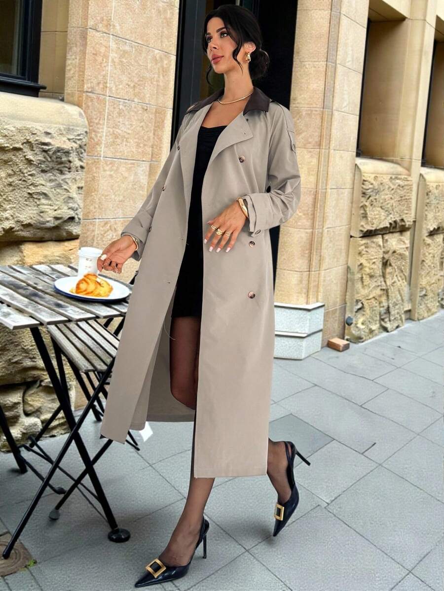 Firerie Women's Elegant Khaki Long Trench Coat,Colorblock PU Collar Fashionable Autumn Winter Clothes For Office,Casual Intellectual Outing Wear Trench Coat