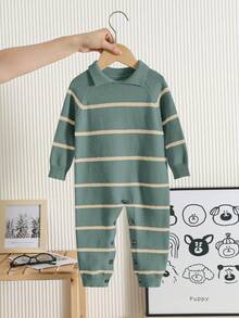 SHEIN Bộ đồ liền thân tay dài cổ polo kẻ sọc thời trang cho bé trai/bé gái mới sinh, phù hợp cho mùa thu/đông, trẻ mẫu giáo - màu xanh lá - Xem 4