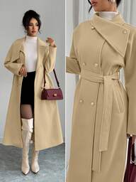 Selianne Women's Solid Color Double-Breasted Long Sleeve Belt Design Elegant Long Overcoat, Autumn/Winter