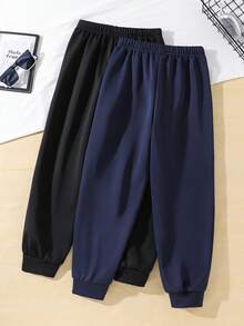 SHEIN 2 件 Tween Boy 休闲风格撞色保暖内衬运动裤，适合秋冬季 - 藏蓝色 - 查看 2