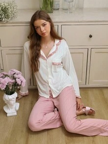 Snug Reverie Soft Texture Knit Frill Trim Open Front Long Sleeve Top & Pants Lounge Set Cozy Outfit, Fall Winter Clothes - Pink - View 1