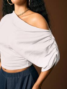 Vixey Top tricoté avec détail de drapé et de rassemblement à l'épaule en mélange de coton - Blanc - Voir 4