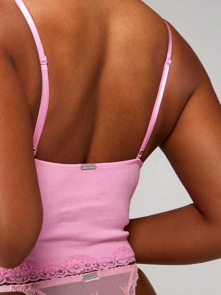 Missguided x Playboy Ribbed Cami Bralette With Delicate Lace Trim Valentine Day Lingerie Tank Top Cropped Camisole V Neck Sleeveless Stretch Loungewear Pink Bralette Underwear