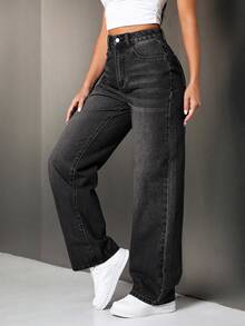 SHEIN Tall 女式宽松做旧牛仔裤，带斜口袋，保暖，适合秋冬穿着 - 黑色 - 查看 7