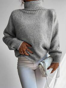 Cloudara Jersey cuello alto de manga raglán tejido de canalé - Gris - Ver 6