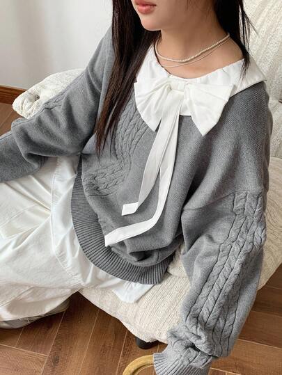 Dazy Plus 撞色拼布彼得潘领蝴蝶结宽松荷叶边设计休闲套头衫，适合女孩，秋冬