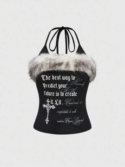 Canotta aderente con patchwork, stampa di lettere e finta pelliccia, stile retrò Y2K e Kpop, sexy con collo alto