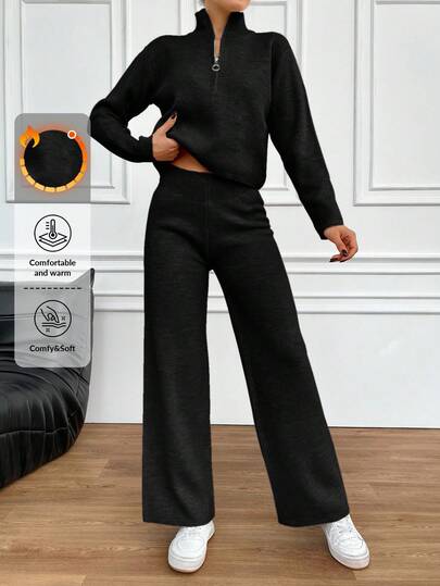 EURMUSE 2pcs/Set Women Casual Daily Zip-Up Cardigan And Pants, Autumn/Winter