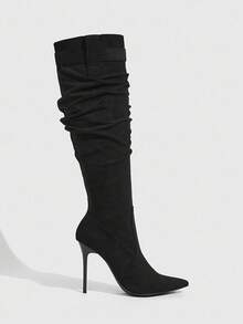 CUCCOO SZL 女士时尚黑色绒面革金属装饰阔腿尖头及膝靴 - 黑色 - 查看 7