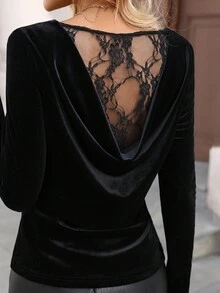 SHEIN LUNE Women's Casual Autumn/Winter Basic Velvet & Lace Patchwork Party Long Sleeve T-Shirt, Black Lace Top, Fall Autumn Winter Going Out Top New Year Christmas